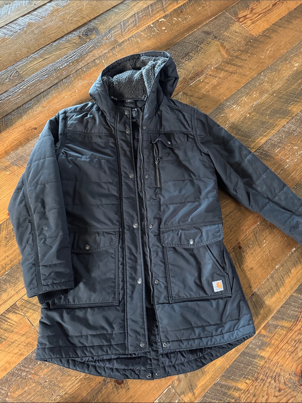 Carhartt Kids Black Hooded Puffer Coat with Sherpa Lining
